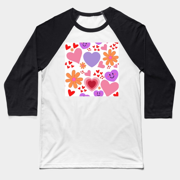 Happy Hearts and Flowers Baseball T-Shirt by GemmasGems